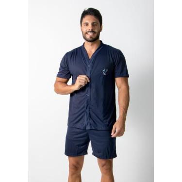 Imagem de Pijama Masculino Basico Manga Curta Botão Liso Adulto RLC Modas , Azul