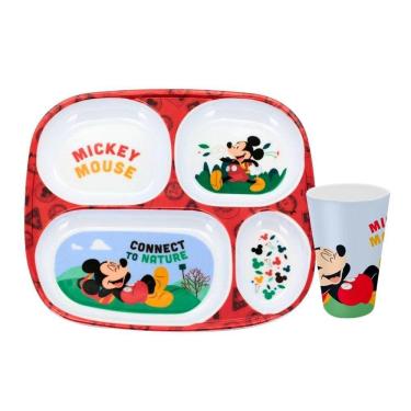 Imagem de Kit Prato Refeição Infantil 4 Divisórias e Copo Melamina Mickey Mouse Disney - Tuut
