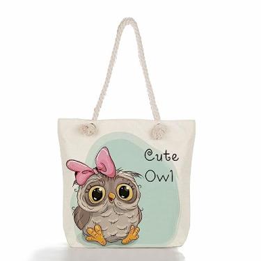 Imagem de Sacolas grandes com alça de corda com alças de corda presentes personalizados para mulheres, aniversário, viagem, praia, essencial, Coruja fofa, Large, Sacolas