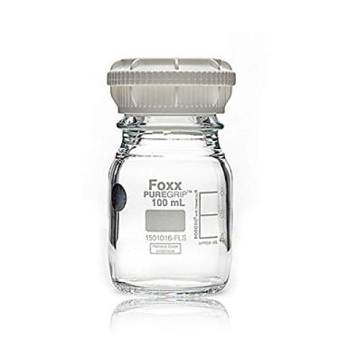 Imagem de Foxx Life Sciences Frasco de reagente de vidro borossilicato 3.3 PUREGRIP 1501016-FLS com tampa de rosca GL45 e anel de despejo, graduado, transparente, capacidade de 100 ml (pacote com 10)