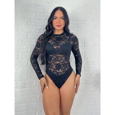 Imagem de Body em Renda Floral Manga Longa Moda Feminina - NoBrand, Preto