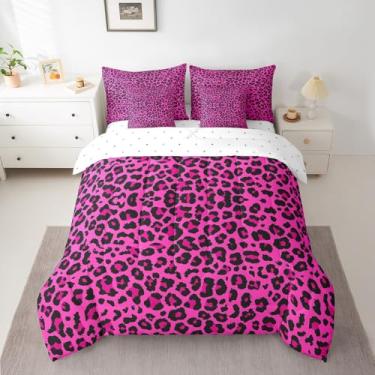 Imagem de Manfei Conjunto de cama queen com estampa de leopardo rosa, 7 peças, pele de animal selvagem, conjunto de edredom para todas as estações, 1 edredom, 2 lençóis, 2 fronhas e 2 fronhas