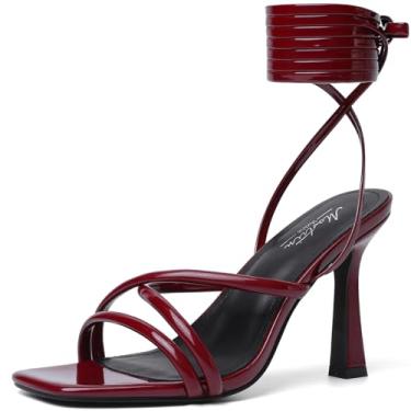 Imagem de Mostrin Sandálias femininas de salto com tiras para mulheres, salto com cadarço, bico aberto, salto alto, sandálias de amarrar para formatura, festa, uso diário, Borgonha, 36