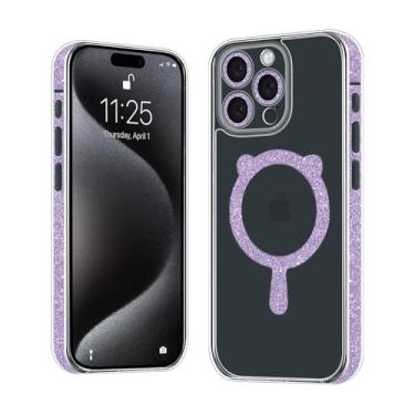 Imagem de Ankceed Capa com glitter para iPhone 15 Pro Max [compatível com MagSafe] PC traseira, moldura de TPU macio brilhante, capa protetora à prova de choque transparente brilhante mulheres meninas 6,7