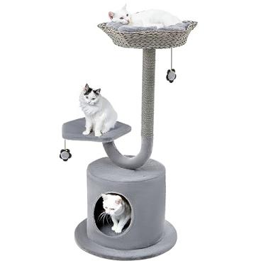 Imagem de Tangkula Árvore para gatos internos, torre de gato fofa de 106 cm com moldura de suporte de metal curvada, postes de arranhar de sisal, poleiro superior, condomínio para gatos, torre de árvore de gato