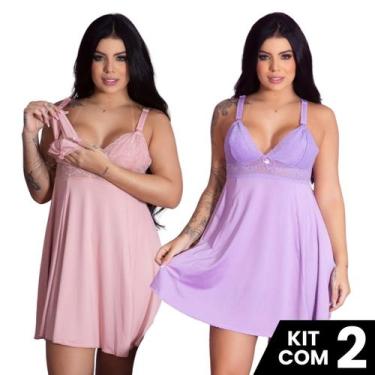 Imagem de Kit 2 Camisolas de Amamentação Renda Fecho Prático Pós Parto Gestante 