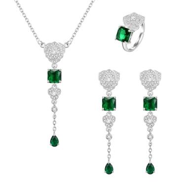 Imagem de EleQueen Colar com pingente de gota de água, brincos longos, conjunto de pulseiras de tênis, conjuntos de joias de casamento de zircônia cúbica brilhante para madrinha de casamento, Natal, Dia dos Namorados, Dia das Mães, presente de aniversário para esposa/namorada/mãe/você mesmo, Zircônia cúbica, 