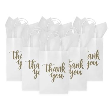 Imagem de DjinnGlory 50 Sacos de Presente de Papel Branco Pequeno, Obrigado com Alças 9X5,5X3,15" e 24 Papel de Seda para Casamento, Chá de Bebê, Festa de Aniversário, Lembrancinhas, Sacolas de Compras de Negóc