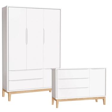 Imagem de Cômoda com Porta e Guarda Roupa Infantil 3 Portas New Classic Branco com Pés Madeira Natural – Reller