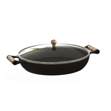 Imagem de Frigideira Ferro Fundido com Tampa Vidro Alças Madeira 28Cm