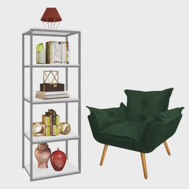Imagem de Kit Poltrona Fatte com Estante Livreiro Ferro Cinza mdf Branco Suede Verde Musgo - Ahazzo Móveis