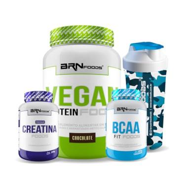 Imagem de Kit VEGAN PROTEIN 900g + BCAA Fit Foods + Premium Creatina 100g + Coqueteleira - BRN Foods (Grande, Chocolate)