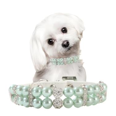 Imagem de Coleira de pérola verde para cães, colar de filhote de cachorro com pérolas brilhantes de cristal extravagante, colar de contas de luxo para meninas de diamante, joias para animais de estimação PPP XS