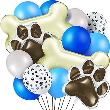 Imagem de 46 balões temáticos de cachorro para decoração incluem 3 balões de folha de osso, 3 balões de hélio com estampa de patas de cachorro, 40 balões de látex com estampa de patas de cachorro e balões coloridos de látex para fornecedores de festa (cores elegantes)
