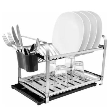 Imagem de Escorredor Secador De Louça 2 Andares Em Aço Inox 16 Pratos E Bandeja Coletora