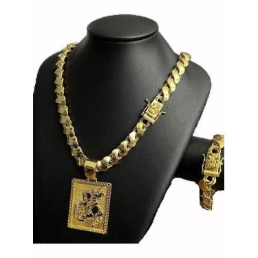 Imagem de Cordão Friso S 13Mm + Pingente São Jorge - Banhado A Ouro - Tojoia18K