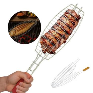 Imagem de Grelha Dupla de Churrasco Inox Abre e Fecha para Peixes Carnes Grande 