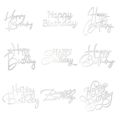 Imagem de SOFPLATE 1 caixa 9 estilos 18 peças de enfeite de bolo acrílico espelhado prata feliz aniversário topo de cupcake plástico brilhante dupla face decorações de bolos não comestíveis para celebração
