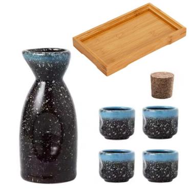 Imagem de Conjunto De Saquê Japonês Garrafa De Saquê De Cerâmica E Copos De Saquê Com Bandeja De Madeira Para Casa Ou Restaurante, 1 Pot 4 Cups 1 Tray(blue Edge)