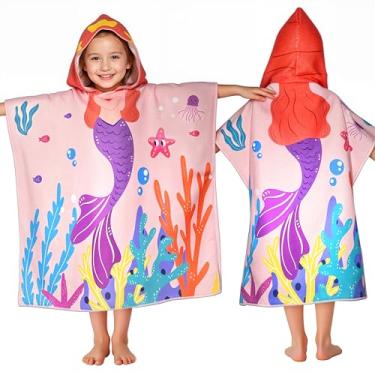 Imagem de Toalhas de sereia com capuz para crianças, com mochila, toalha de praia infantil 76,2 cm x 63,5 cm para 3-10 anos, presentes de sereia para meninas, saída de banho infantil e roupão de banho para