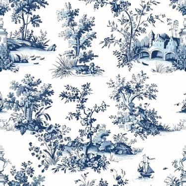 Imagem de VaryPaper Papel de parede higiênico de 43 x 190 cm, papel de parede azul e branco francês country para banheiro, impermeável, autoadesivo, chinoiserie, papel de contato removível vintage para armários