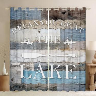 Imagem de Cortina de janela Lake House rústica de fazenda azul cinza retrô cortina de tratamento de janela de madeira para decoração de quarto de crianças, adultos, homens e adolescentes, cortinas de janela de