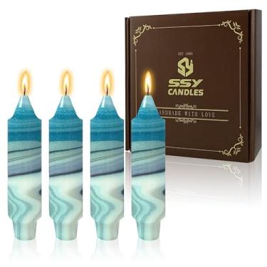 Imagem de Vela curta de 12,7 cm azul com estampa de areia movediça pacote com 4 velas cônicas feitas à mão sem cheiro castiçal sem fumaça para jantar em casa, casamento, férias