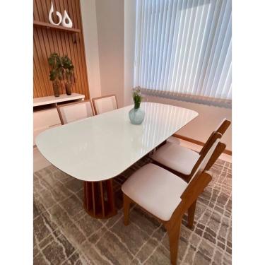 Imagem de Kit Mesa Oval 4 Cadeiras de Jantar Tela 100% MDF Branco Bege Dalla Costa
