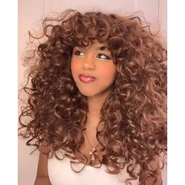 Imagem de Annivia Peruca Marrom Cacheada Com Franja Para Mulheres Negras, Perucas Longas E Crespas, Cabelo Sintético, Uso Diário, Cosplay, 17"