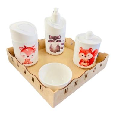 Imagem de Kit Higiene Bebê Floresta Encantada c/bandeja MDF - Menino e Menina (Quadrada Crua/Branca)