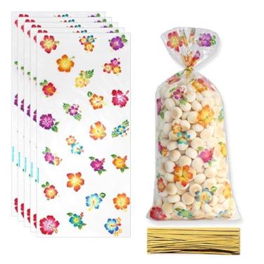 Imagem de Sacos de guloseimas de flores havaianas plumeria, 100 peças de flores de hibisco havaiano havaiano havaiano festa celofane presente de plástico sacos de doces com laços torcidos transparentes para
