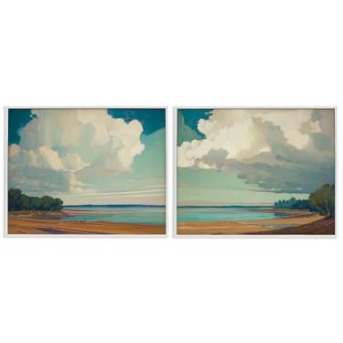 Imagem de Stupell Industries Conjunto de arte giclée emoldurado branco com nuvens sobre cenas de praia por Elara Yasna, 35,5 x 28,5 cm