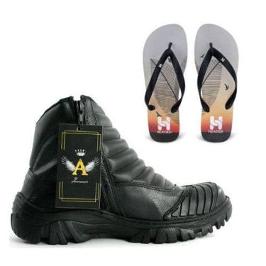 Imagem de Kit Bota Coturno de Couro e Chinelo Masculino Tenis para Motociclistas Confortável-Masculino