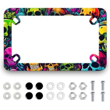 Imagem de Moldura colorida de placa de carro de motocicleta de aço inoxidável à prova d'água metal legal caveiras suporte de placa molduras engraçadas acessório de motocicleta 4 furos com parafusos tampas de