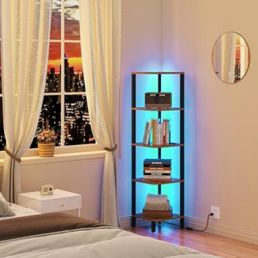 Imagem de TUTOTAK Prateleira de canto com luz LED, estante de canto de 5 camadas para espaços pequenos, suporte de prateleira de canto estreito com rack de armazenamento, para sala de estar, quarto, marrom