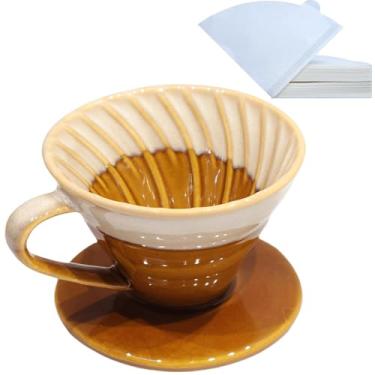 Imagem de LonMuseum Coador de café feito à mão de cerâmica com 50 filtros de café V60 – cafeteira portátil para viagens, acampamento, escritório ou casa – Presente de cerâmica artesanal para entusiastas