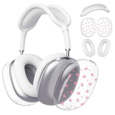 Imagem de BlHMCASE Capa de fone de ouvido para AirPods Max, lindo laço rosa transparente, capa de silicone branco para fones de ouvido para Apple AirPods Max