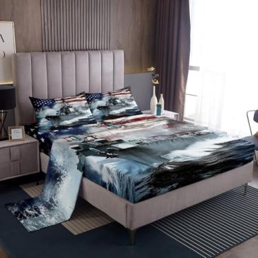 Imagem de Jogo de lençol infantil casal com navio de guerra 3D, navio de combate do exército, ondas do oceano, decoração de quarto de meninos e homens, listras geométricas, azul e cinza, 4 peças (lençol +