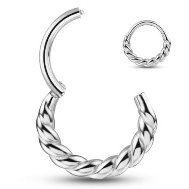 Imagem de Twolobes Anéis de septo, 1 peça 16G/8 mm anel de nariz de aço inoxidável cirúrgico formato torcido argola joia clicker cartilagem brinco articulado segmento Daith piercing prata