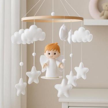 Imagem de Móbile de Berço com Anjinho em Feltro Branco  Estrelas e Nuvens Decora