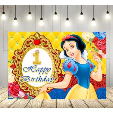 Imagem de Pano de fundo amarelo para suprimentos de festa de 1º aniversário, faixa de chá de bebê com tema de princesa branca de neve, 150 x 96 cm