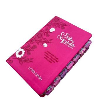 Imagem de Bíblia Letra Jumbo Pink Floral Personalizada Com Abas Arc Full Color -