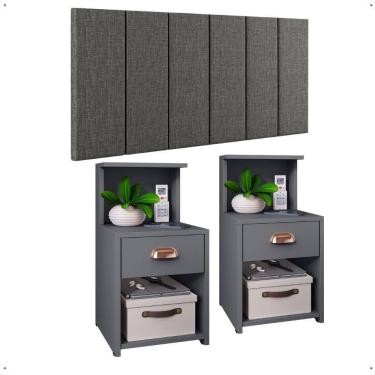 Imagem de Kit 2 Mesinhas Gaveta Prateleira Suspensa Cléo Cabeceira Estofada Linho Júlia Cama Casal 1,40 Quarto Cinza - RPM