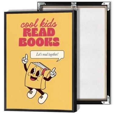 Imagem de Cool Kids Read Books Poster Retro Reading Nook Arte de parede em tela Let'S Read Together Let'S Read Together Impressão inspiradora pintura para sala de aula quarto infantil decoração de parede 30 x
