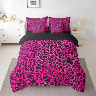 Imagem de jejeloiu Jogo de cama solteiro com estampa animal de leopardo, rosa, choque, 7 peças, para meninos, meninas, adolescentes, cama de guepardo, respirável, microfibra macia, safári, decoração de quarto