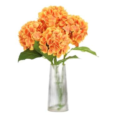 Imagem de HARFINGTON 4 peças de flores artificiais de hortênsia 47 cm látex toque real buquês de flores de hortênsia falsas grandes realistas para decoração de casa, cozinha, festa, casamento, laranja