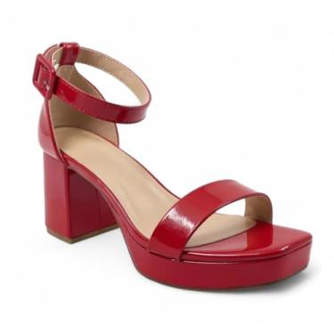 Imagem de ABSOLEX Sandália feminina de salto grosso plataforma com fivela no tornozelo, Patente vermelha, 40