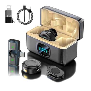 Imagem de Microfone de Lapela Sem Fio Duplo, Transmissão 300m, 40h de Bateria, Compatível com iPhone, Android, PC, Preto (USB-C & Lightning)