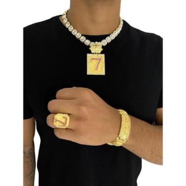 Imagem de Cordão Cravejado 12Mm + Bracelete + Anel + Pingente Banhado - Tojoia18