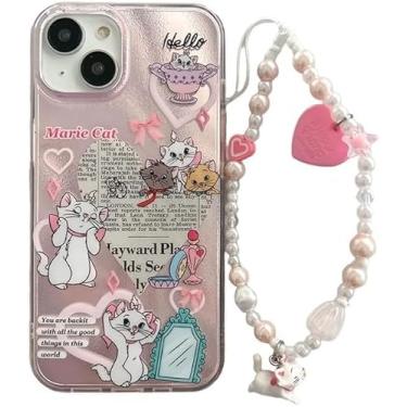 Imagem de Capa de telefone macia com cordão de corrente de contas para Apple Marie Cat Aristogats desenho animado anime animação laço rosa super fofo adorável adorável meninas crianças (brilhante, para iPhone